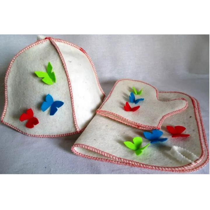 Набор подарочный 3 предмета Белый "Полёт бабочек" (шапка, коврик, рукавичка) ТМ "Жар-Банька"