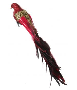 Птица красная с золотыми пайетками и перьевым хвостом 40cm