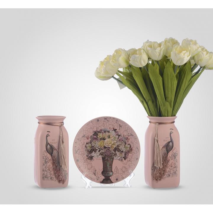 Набор розовый из 3 шт 	ваза H20 x D8 тарелка D 19см
