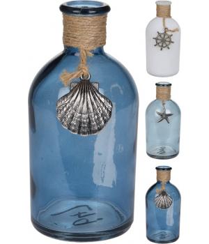 Ваза в форме бутылки, декорирована веревкой и металлич. фигуркой, дизайн в асс., разм. 75x60x135мм