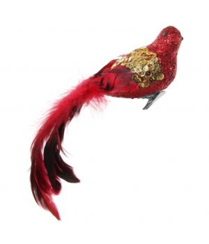Птица красная с золотыми пайетками и перьевым хвостом 22 см 58454