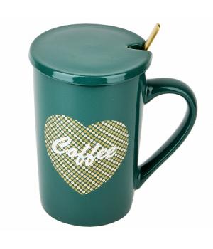 Кружка фарфоровая с крышкой и ложкой "Coffee" (зеленая) v= 410мл. (подарочная упаковка)