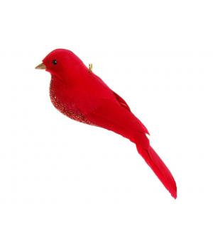 Снегирь из перьев красный с глиттером 13см