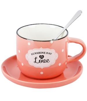 Чашка с блюдцем и ложкой "Sunshine day" (розовая) v=180 мл (подарочная упаковка)