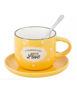 Чашка с блюдцем и ложкой "Sunshine day" (желтая) v=180 мл (подарочная упаковка)
