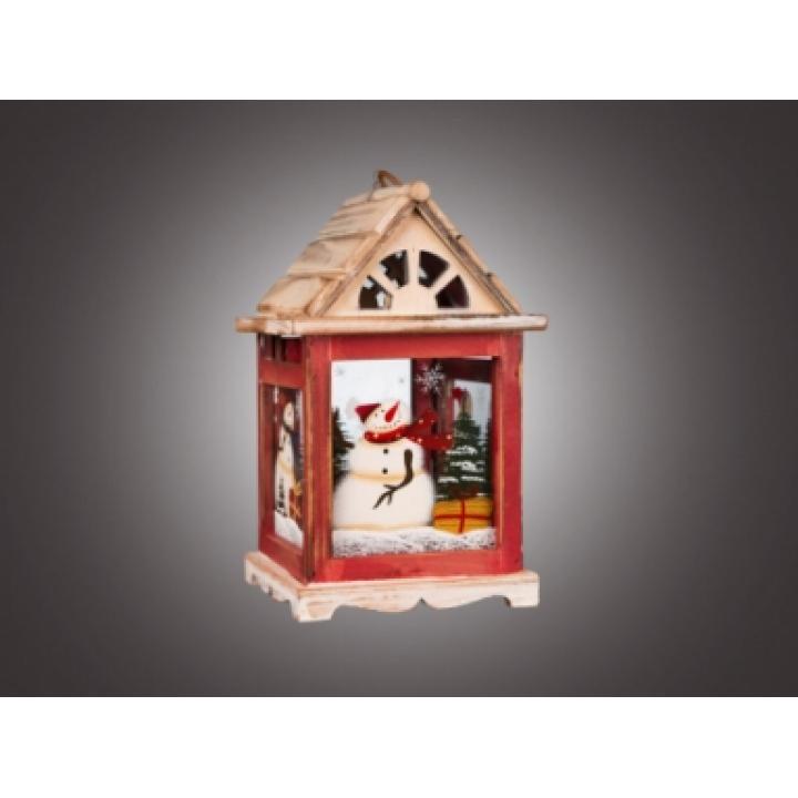 Фонарь рождественский "Снеговик в окне" красно-белый (дерево/стекло) 15,5х15,5х27см